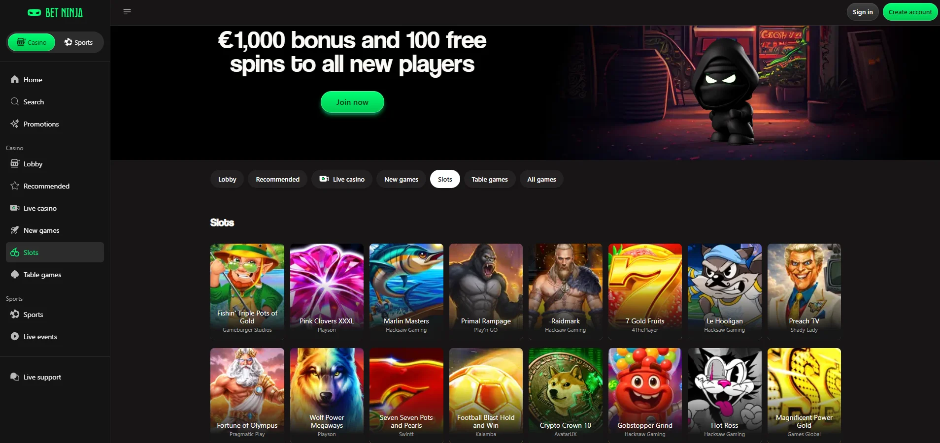 betninja game library