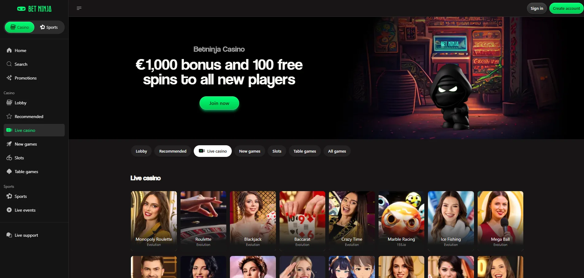 betninja live casino