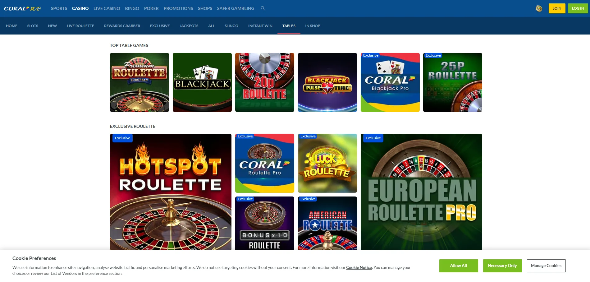 coral casino table games