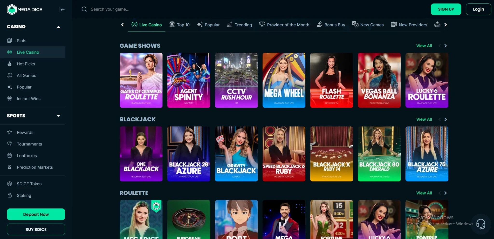 mega dice live casino games