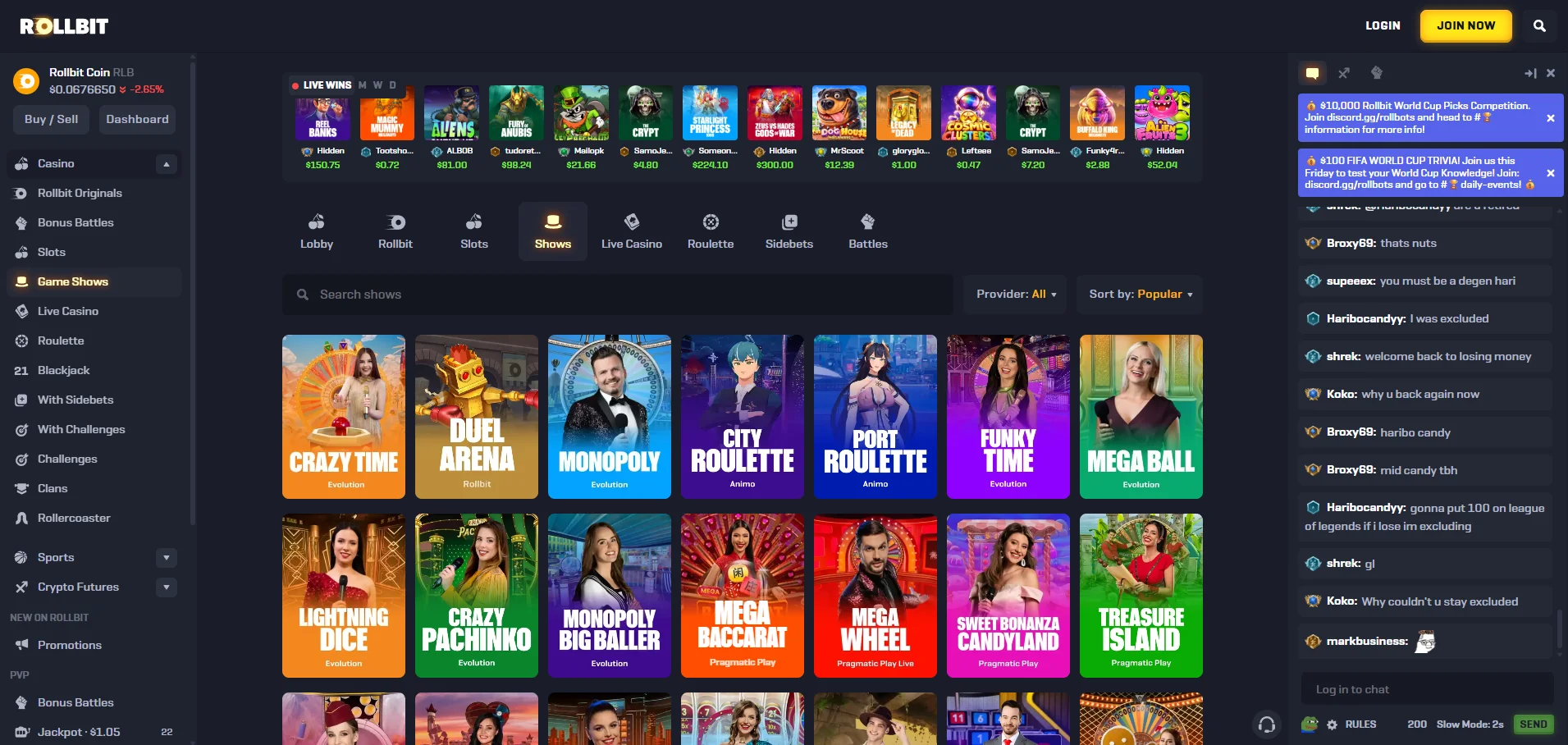 rollbit casino game shows