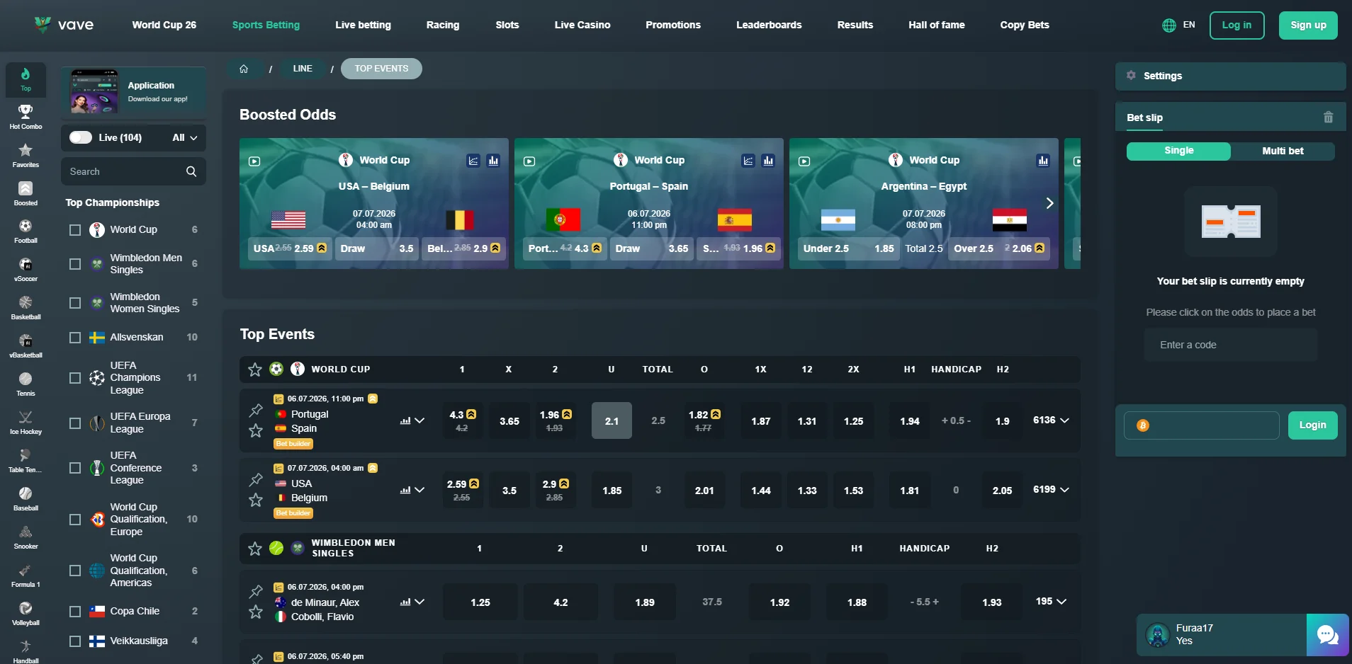 vave casino betting